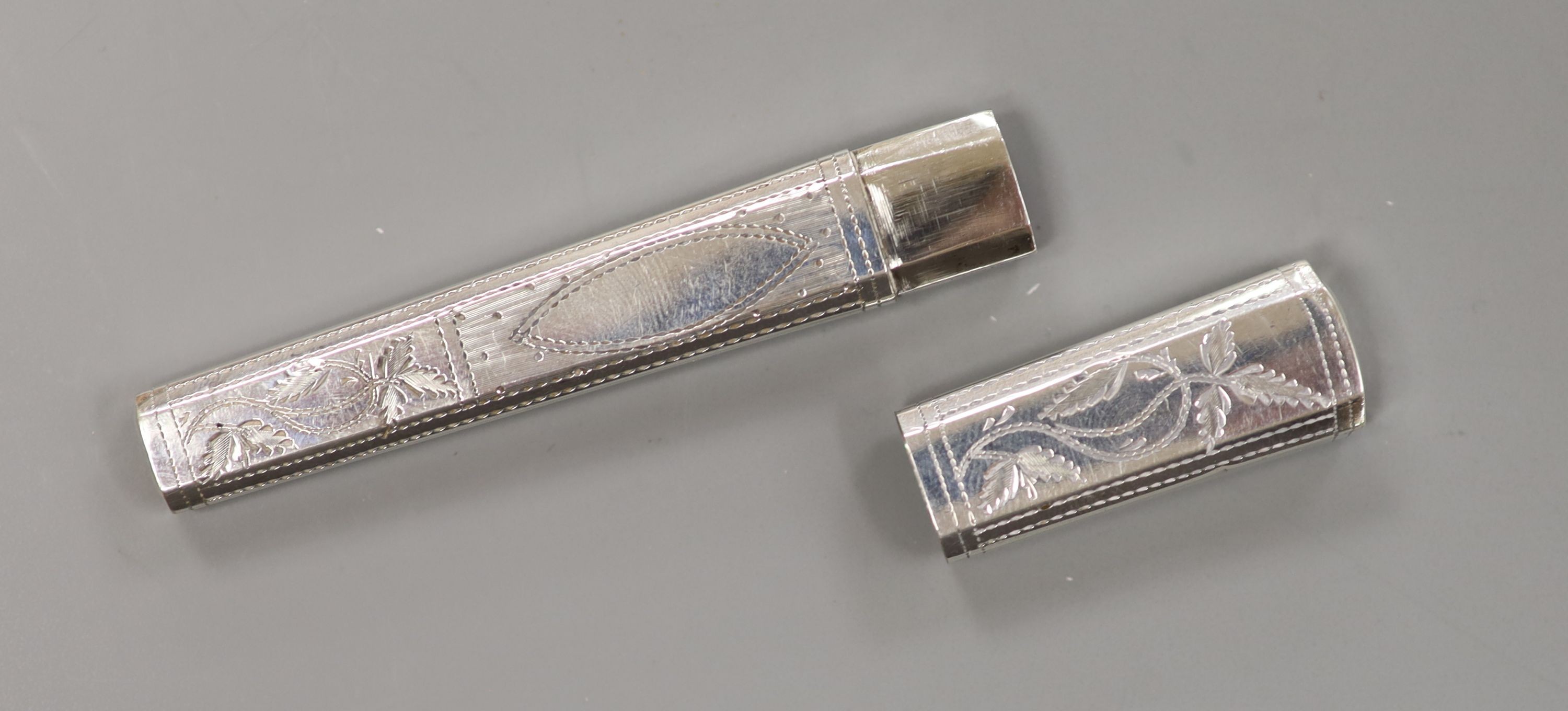 A George III engraved silver needle case, Thomas Wilmore, Birmingham, 1801, 92mm.
